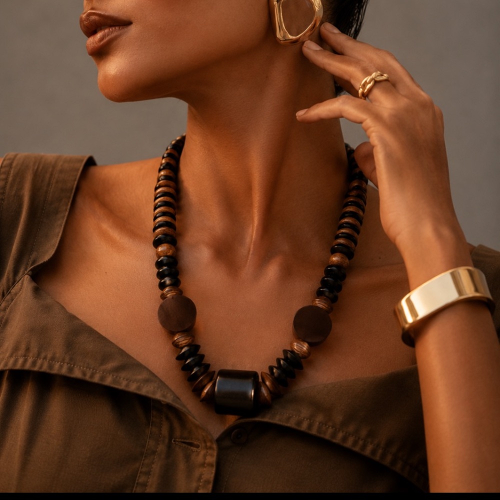 Elegant Black and Brown Wood Beaded Necklace